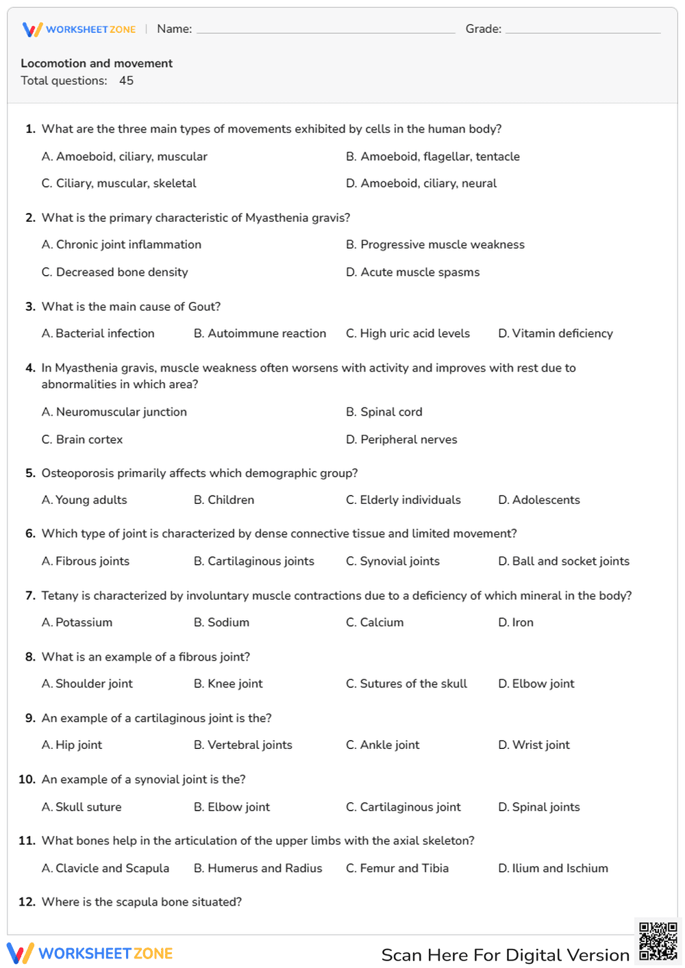 Locomotion and Movement Worksheet | Grade 12 Essential - Page 1