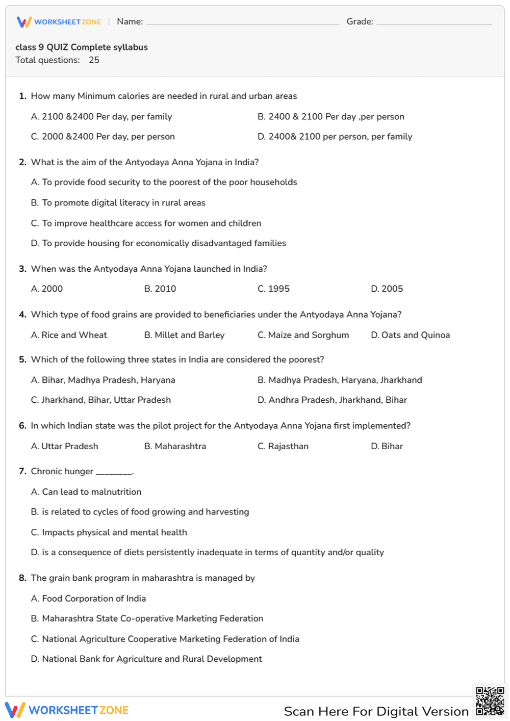 Printable Indian Economics Quiz | Grade 8 Social Studies - Page 1