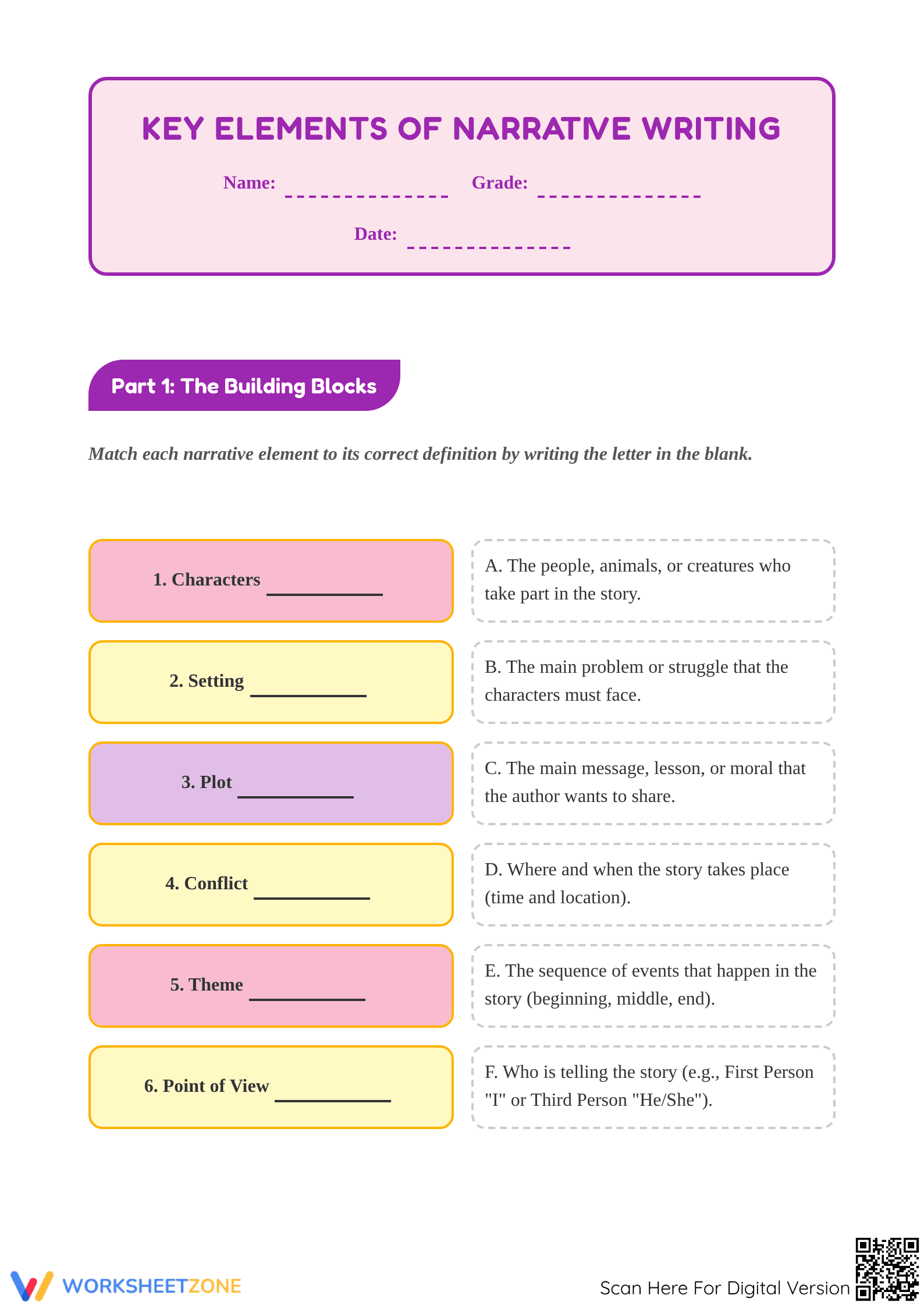 Narrative Writing Elements Worksheet | Grade 3 Essential - Page 1