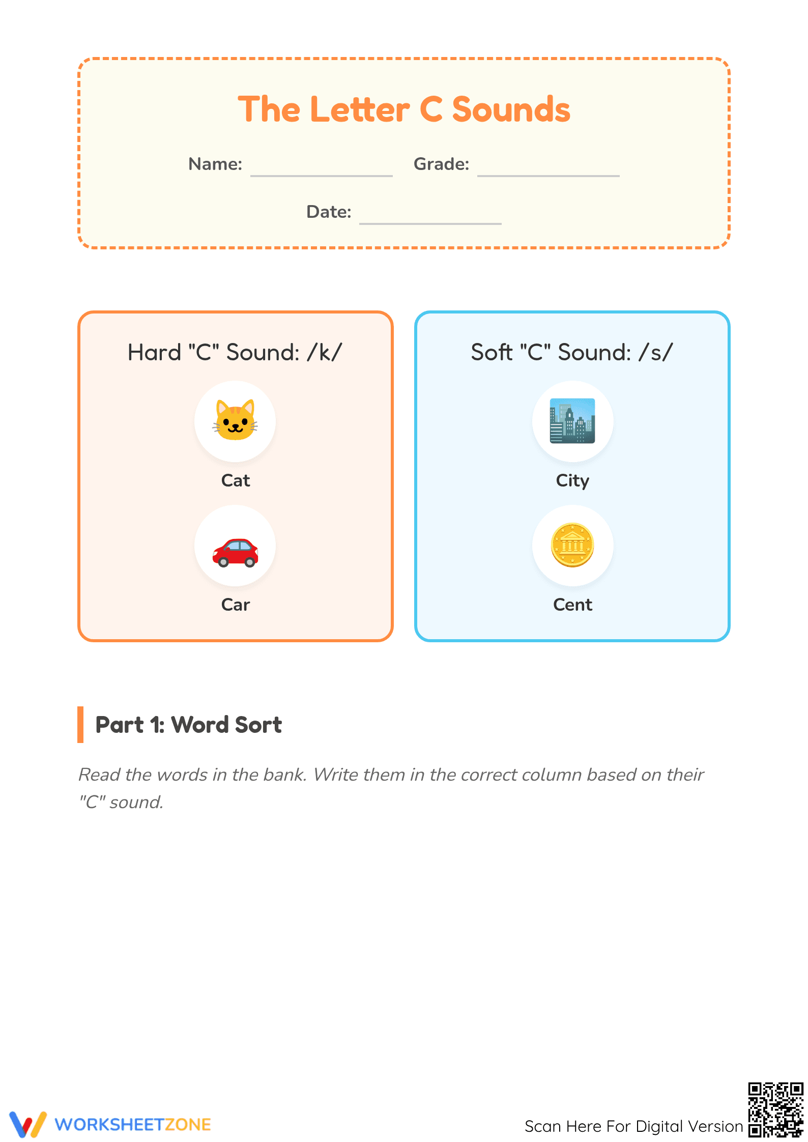 Hard and Soft Letter C Sounds | Essential Grade 1 Phonics - Page 1
