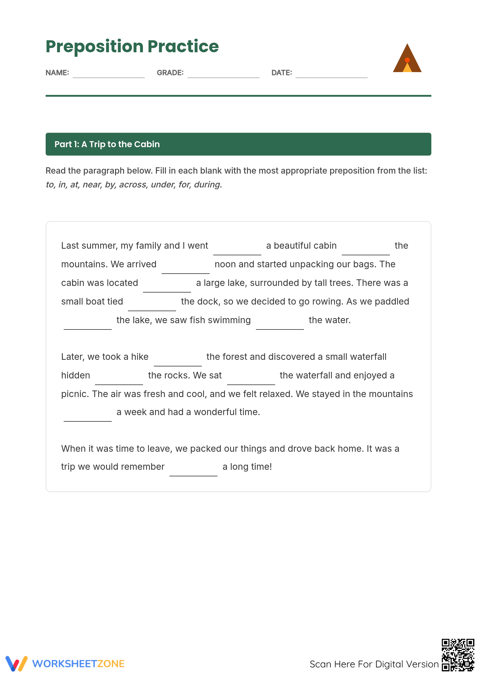 Prepositions Practice Worksheet | Grade 4 ELA Printable - Page 1