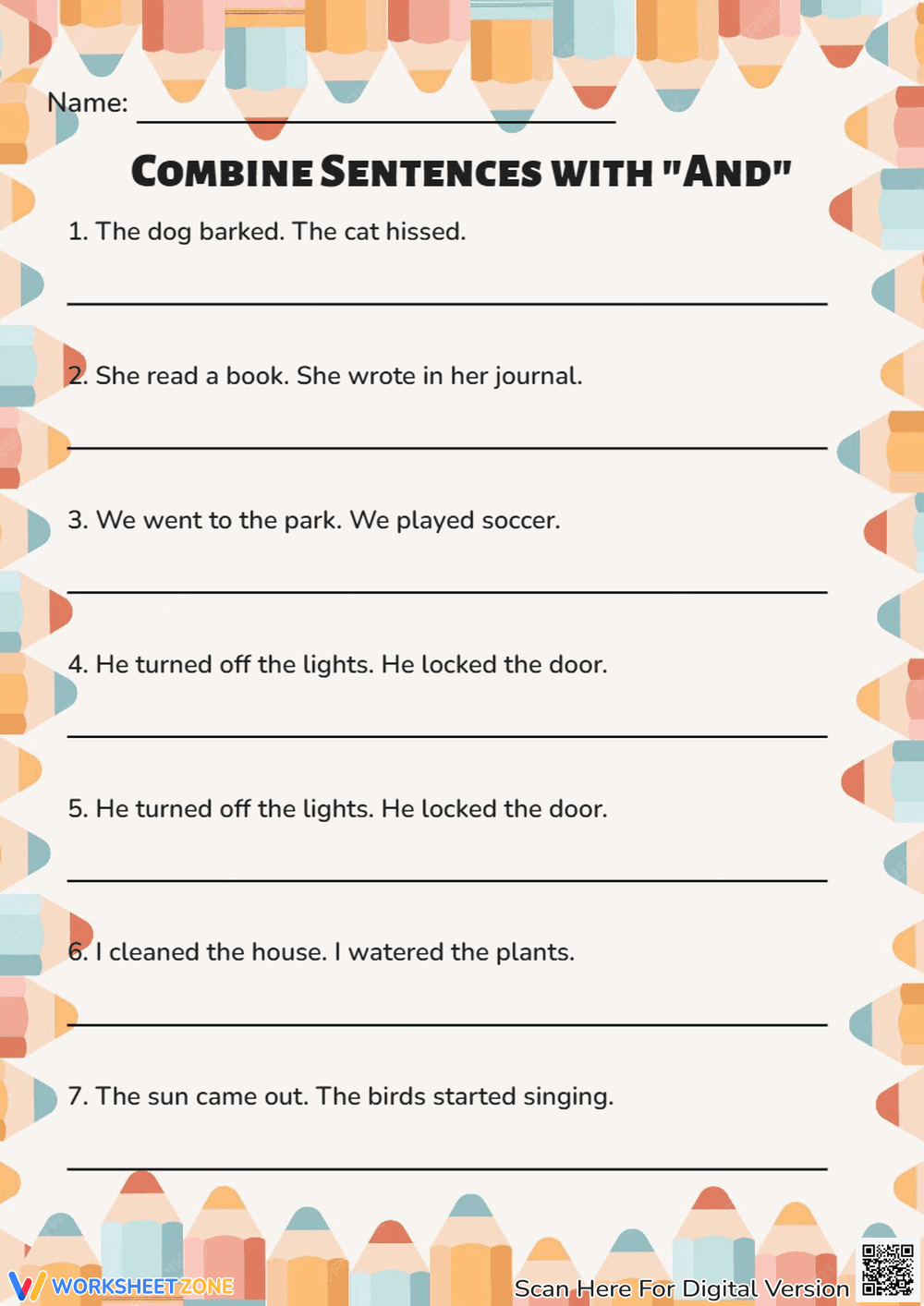 Combine Sentences Using "And" Worksheet - Page 1