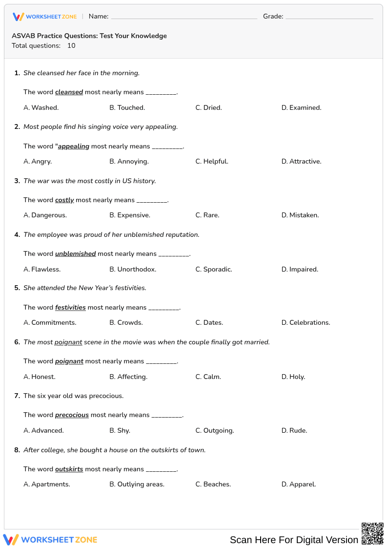 Essential ASVAB Vocabulary Practice Worksheet - Page 1
