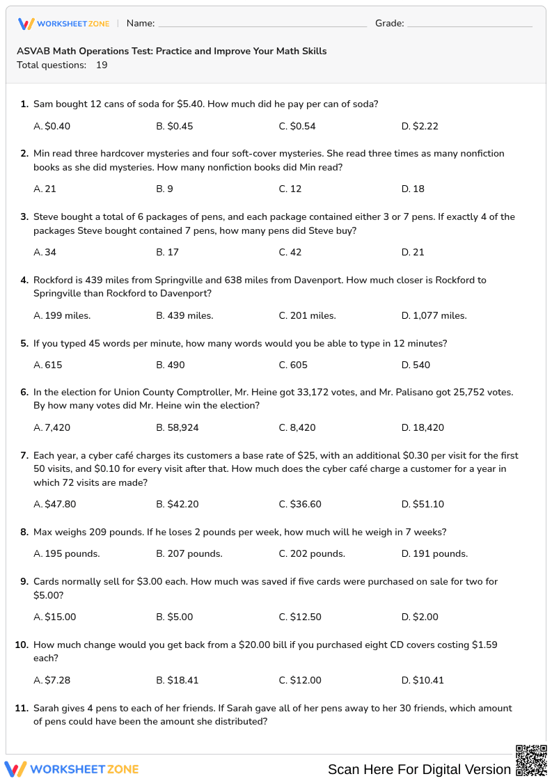 ASVAB Math Operations Test: Practice and Improve Your Math Skills - Page 1