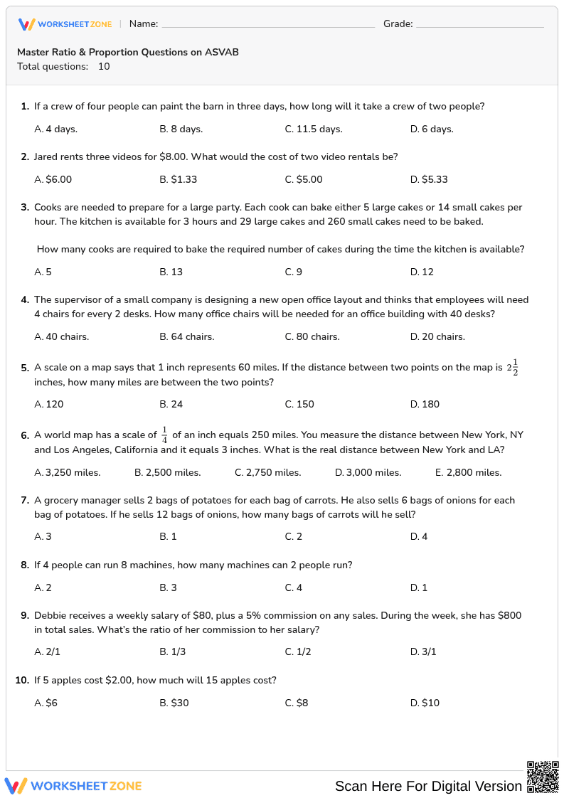 Printable ASVAB Ratio and Proportion Worksheet - Page 1
