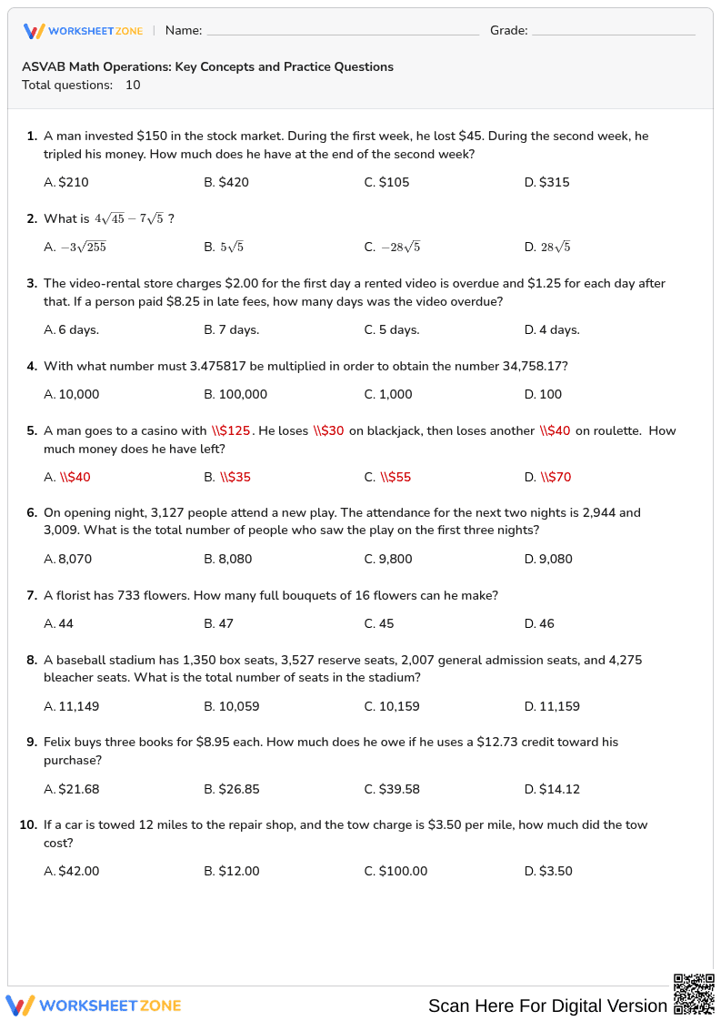 ASVAB Math Operations: Key Concepts and Practice Questions - Page 1