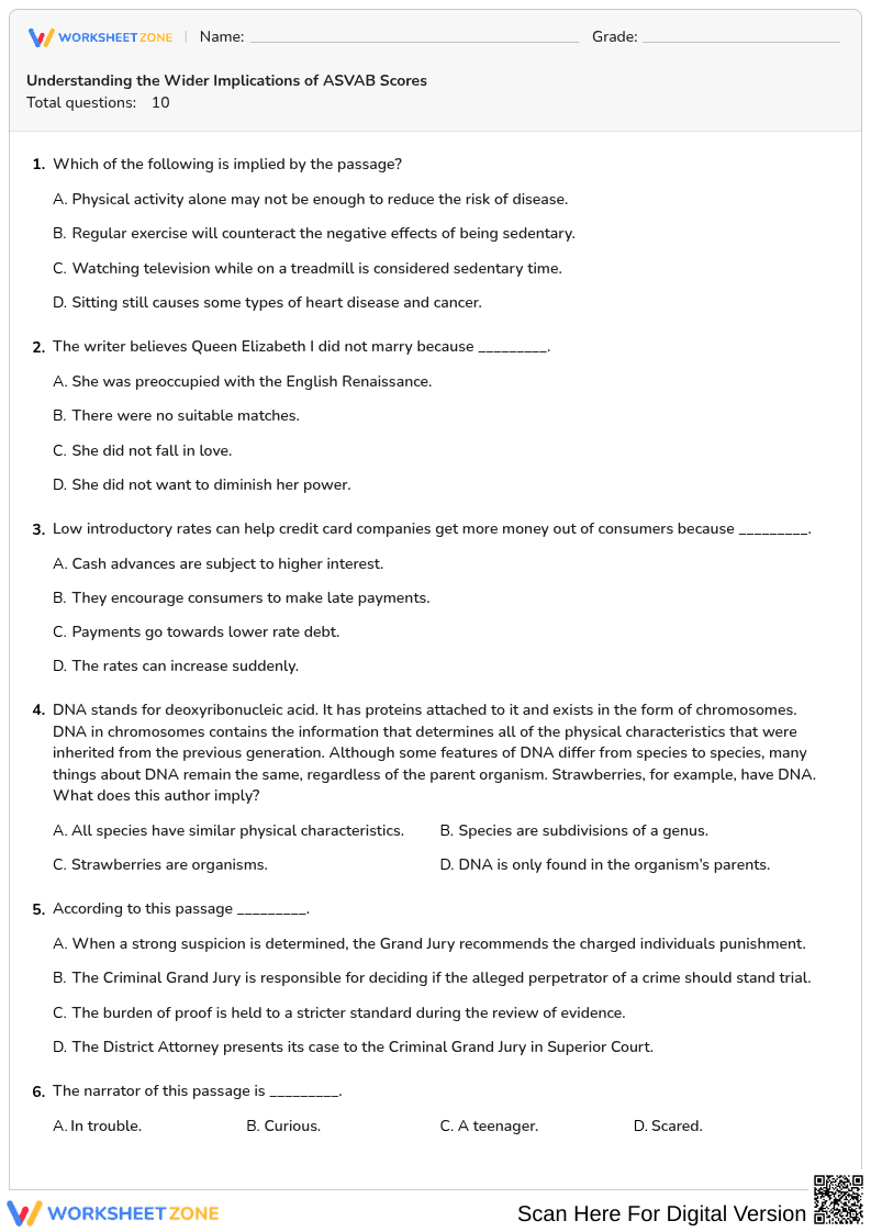Grade 9 ASVAB Practice — Printable No-Prep Worksheet - Page 1