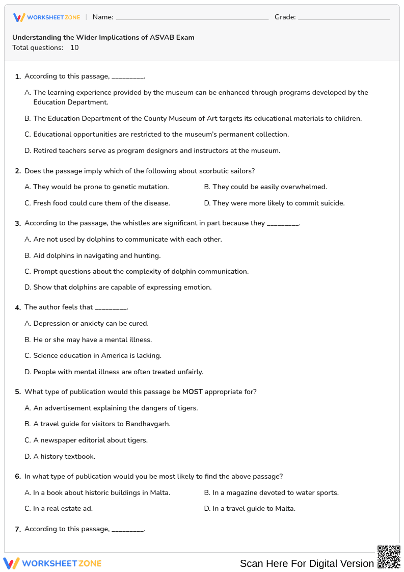 Grade 9-12 ASVAB Reading — Printable No-Prep Worksheet - Page 1