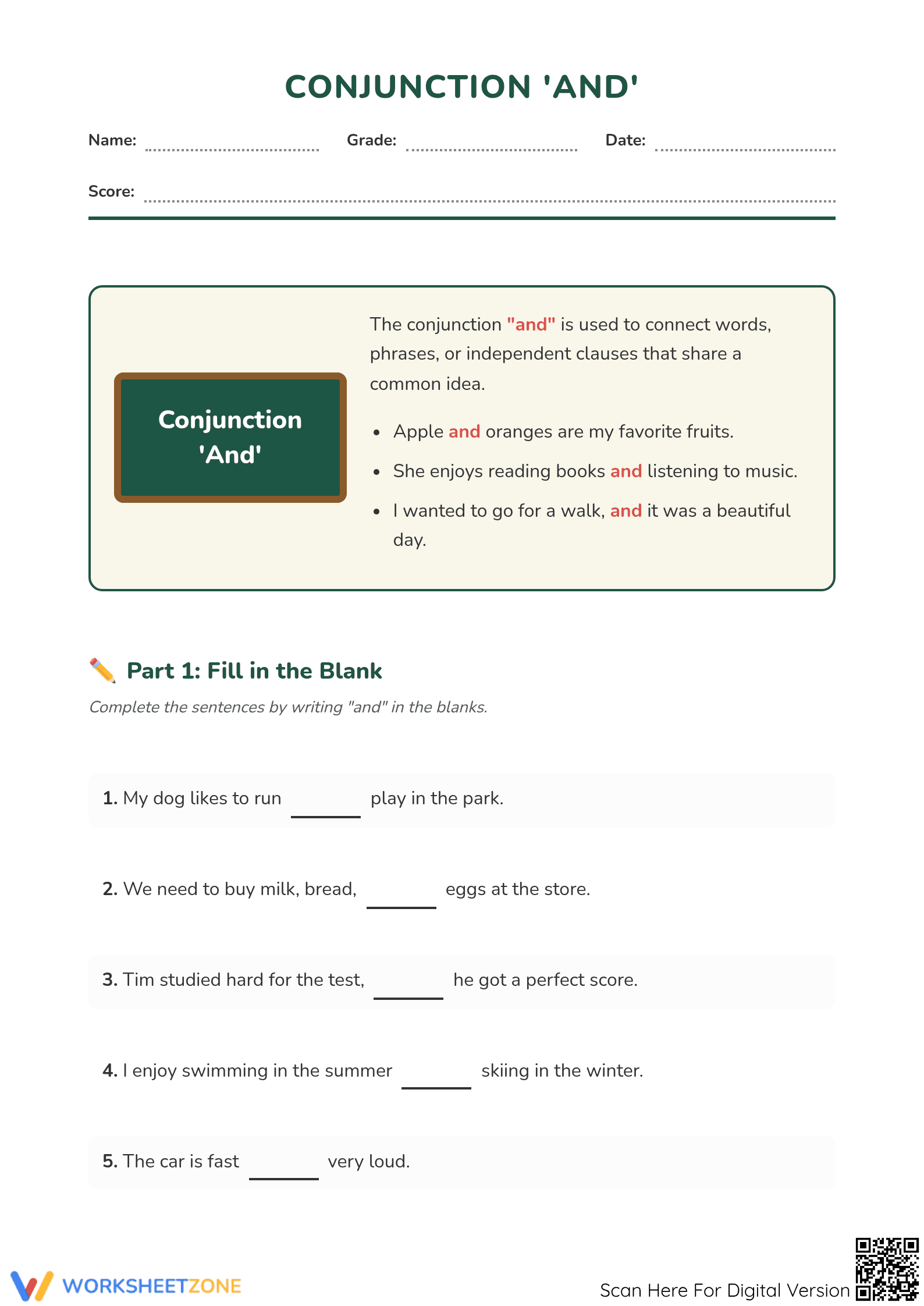 Conjunction And Printable Worksheet | Grade 3 ELA - Page 1