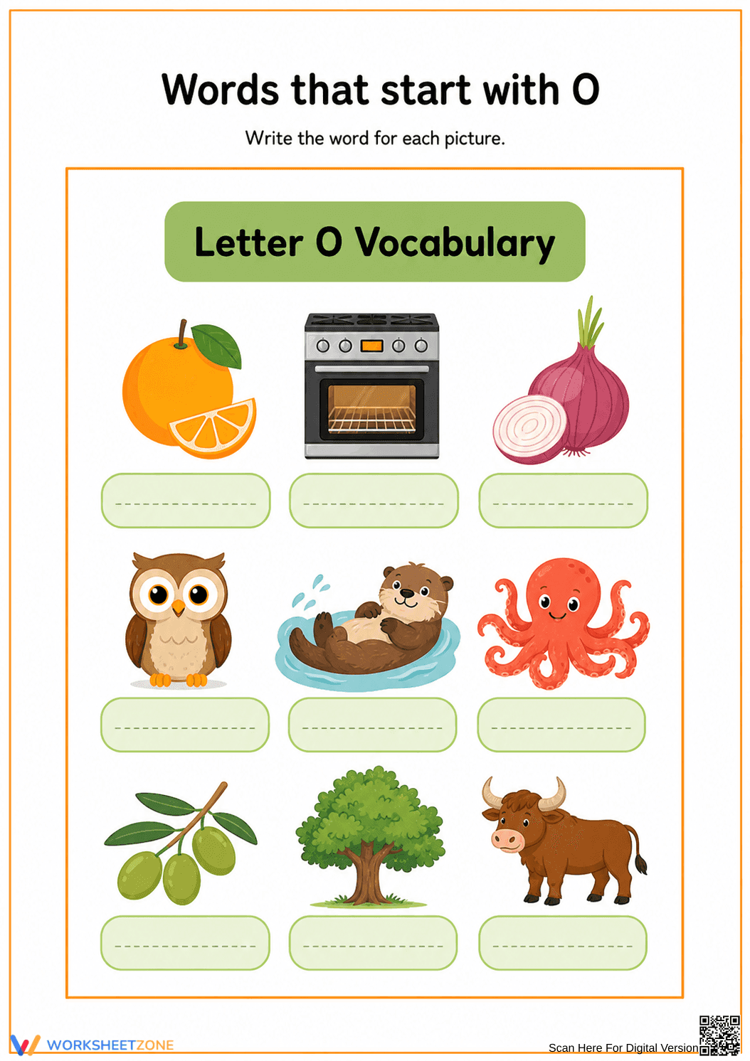 Essential Letter O Vocabulary Worksheet | Grade 1 - Page 1