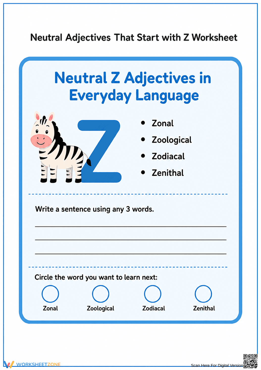 Grade 1 Z Adjectives — Printable No-Prep Worksheet - Page 1