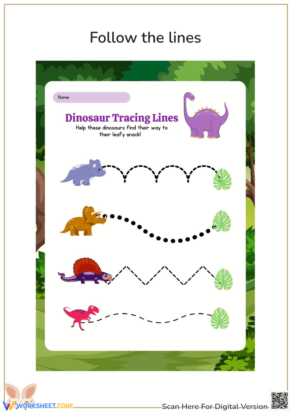 Dinosaur Tracing Lines Worksheet - Page 1