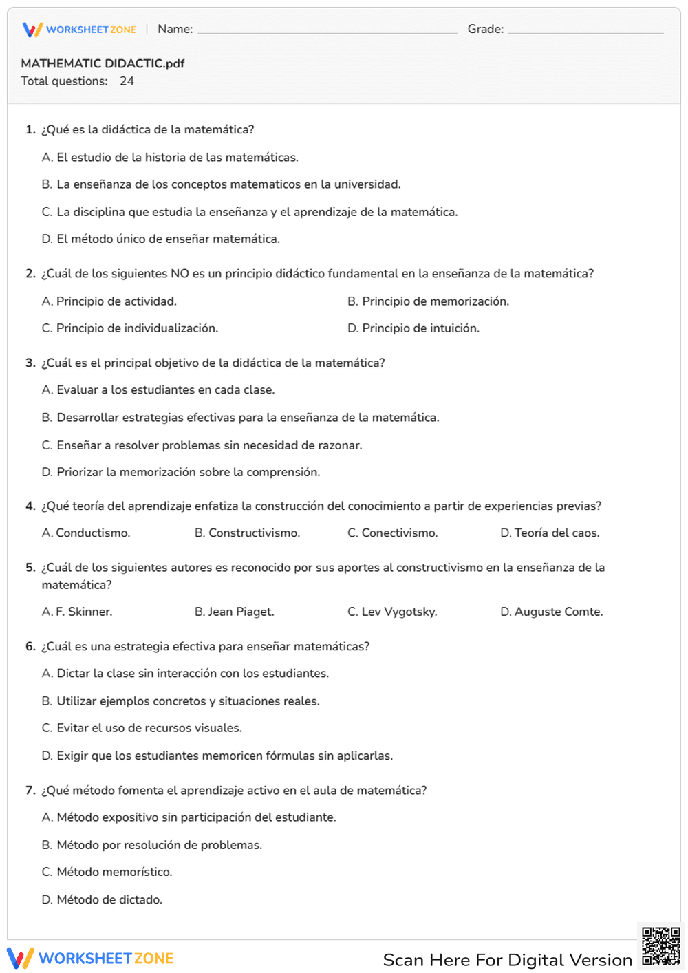 Printable Math Didactics Quiz | AP Spanish - Page 1