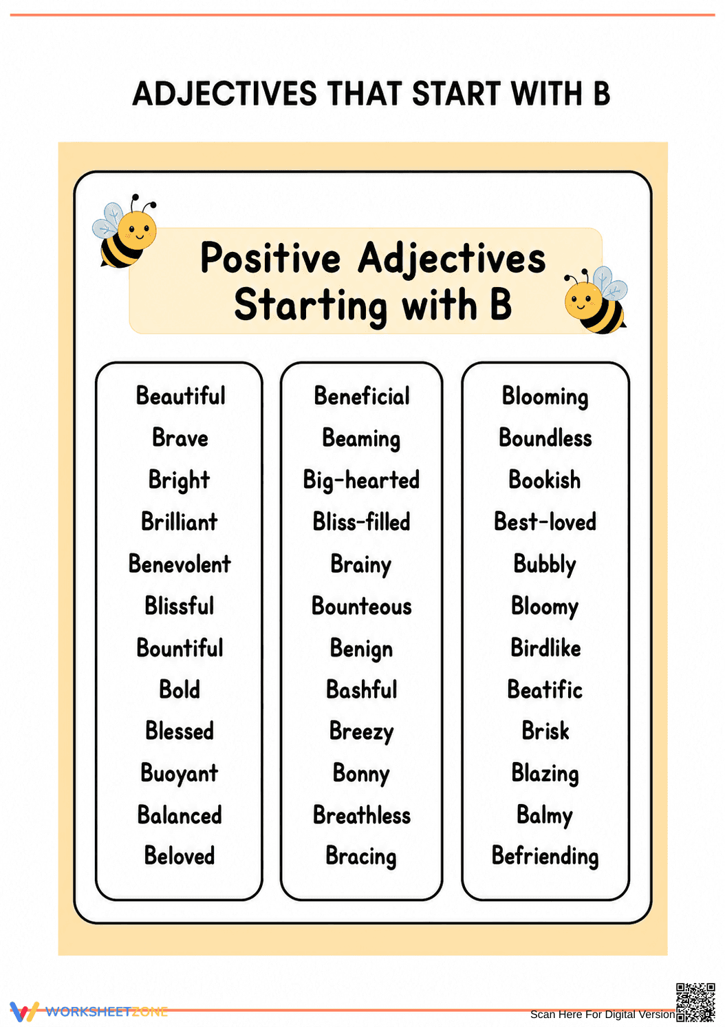 Printable Positive Adjectives List: Letter B | Grade 3-4 - Page 1