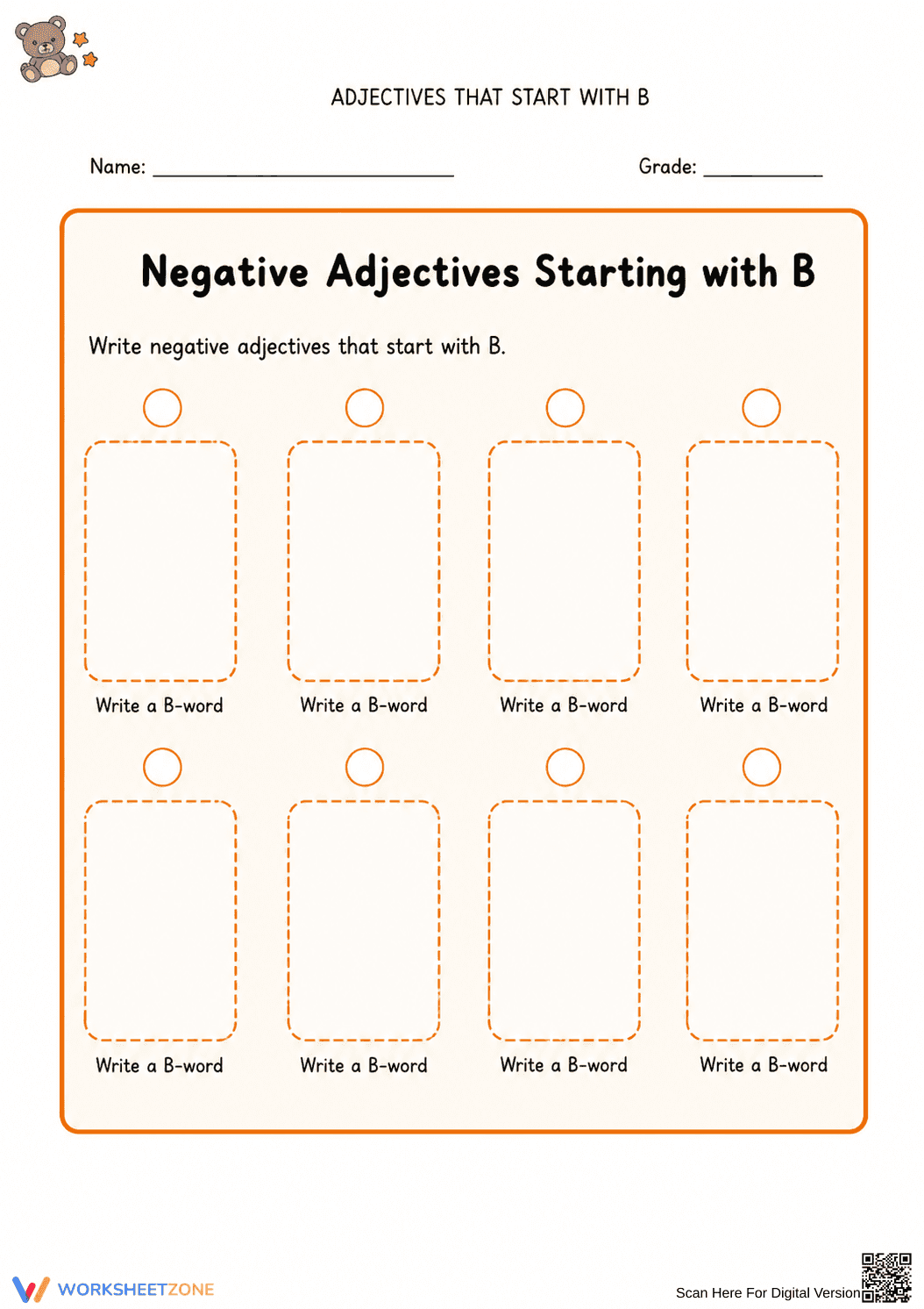 Grade 3 B-Word Adjectives — Printable No-Prep Worksheet - Page 1
