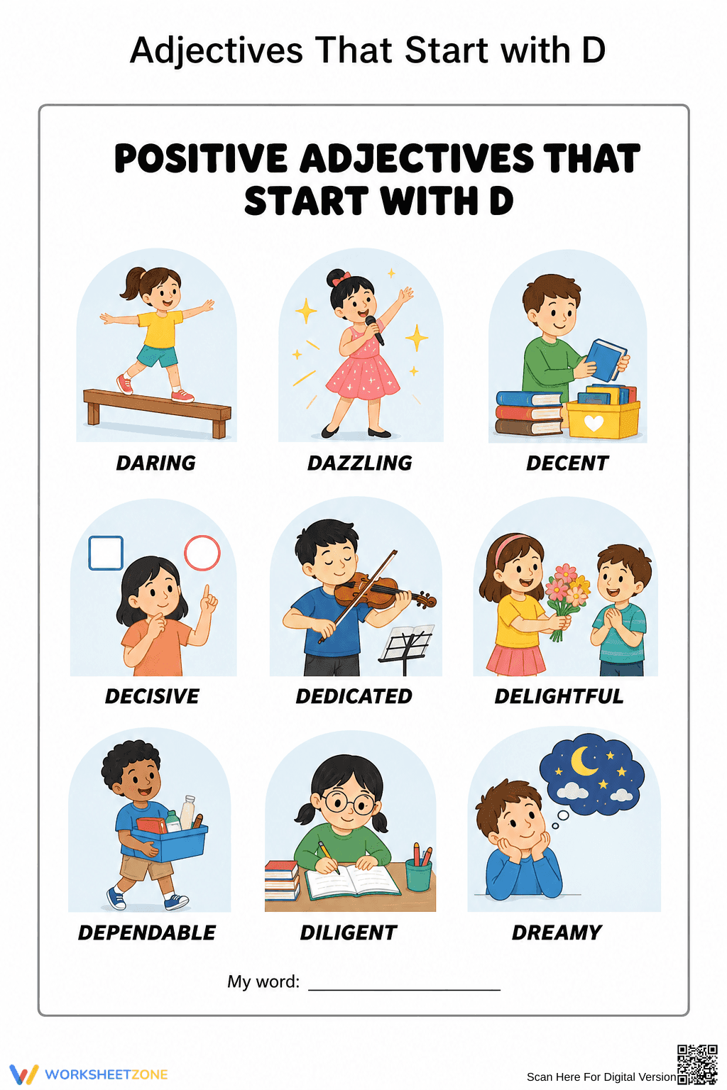Printable Positive Adjectives Starting with D | Grade 3-4 - Page 1