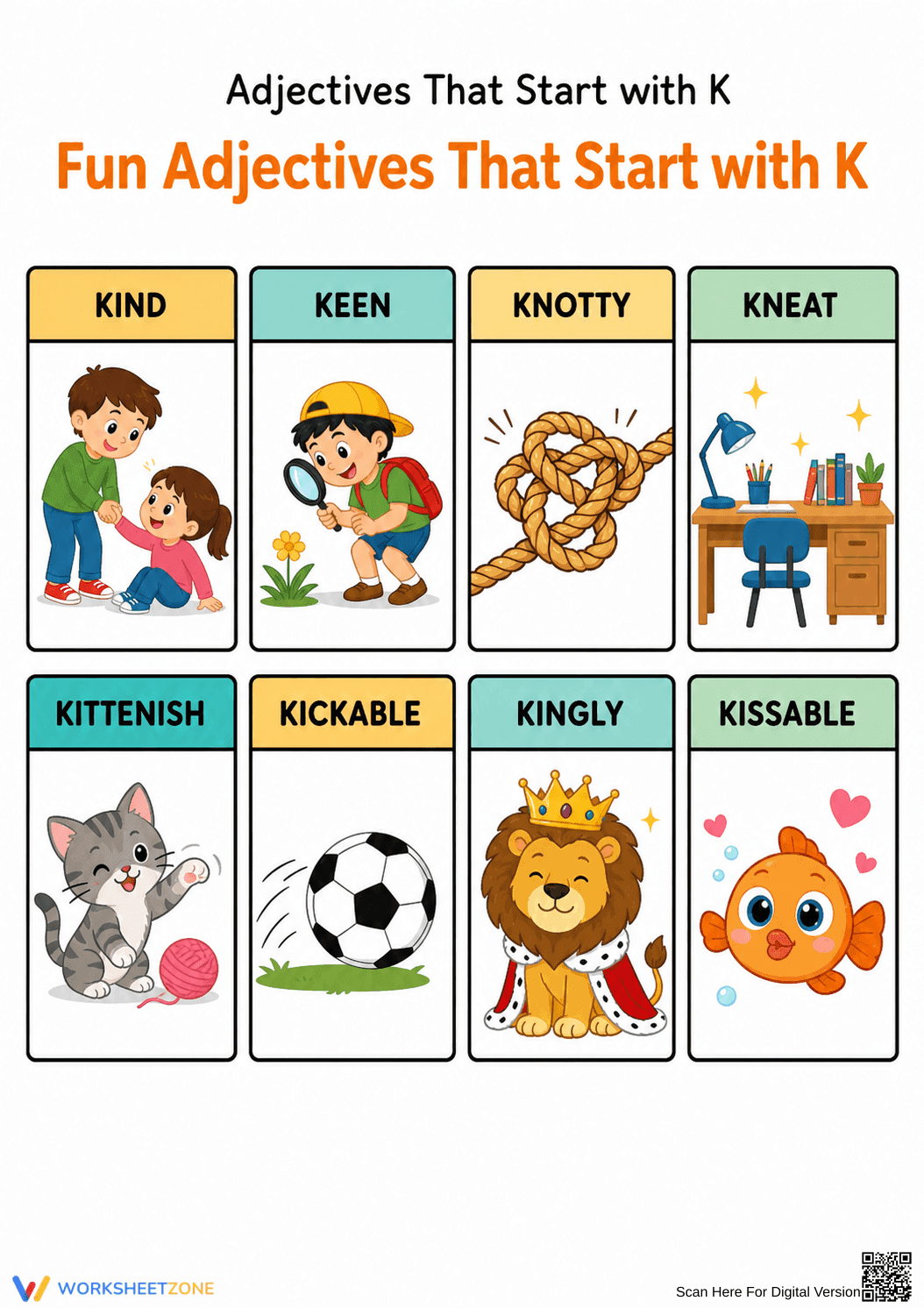 Printable Adjectives That Start with K | Grade 3 ELA - Page 1