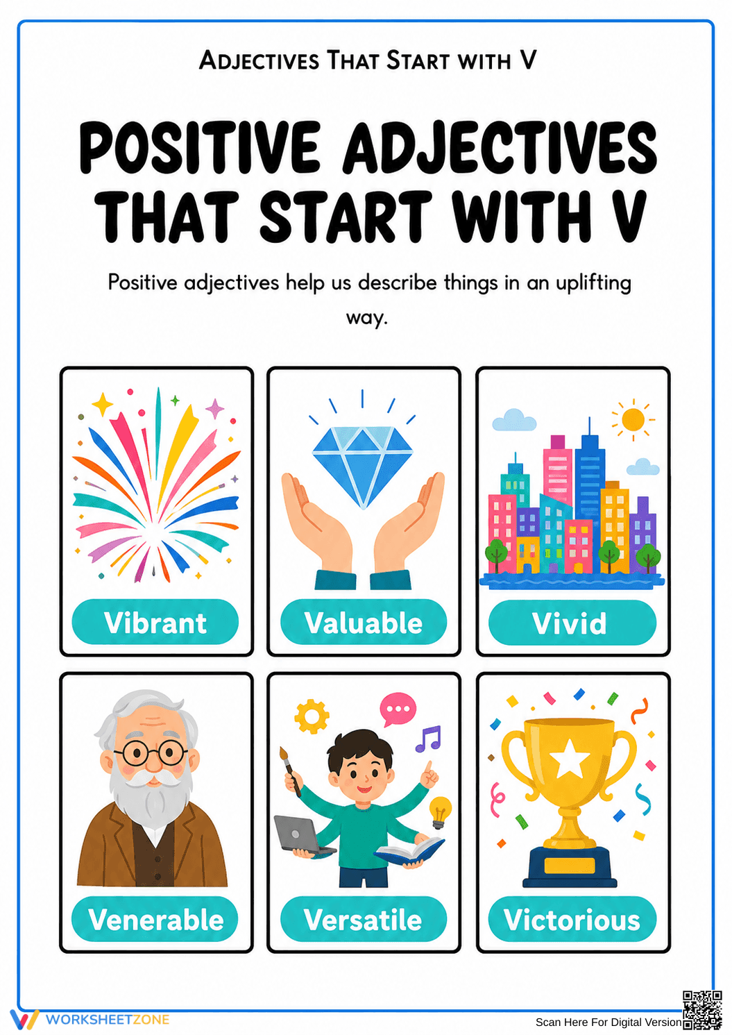 Positive Adjectives Starting with V | Essential Grade 3-4 - Page 1
