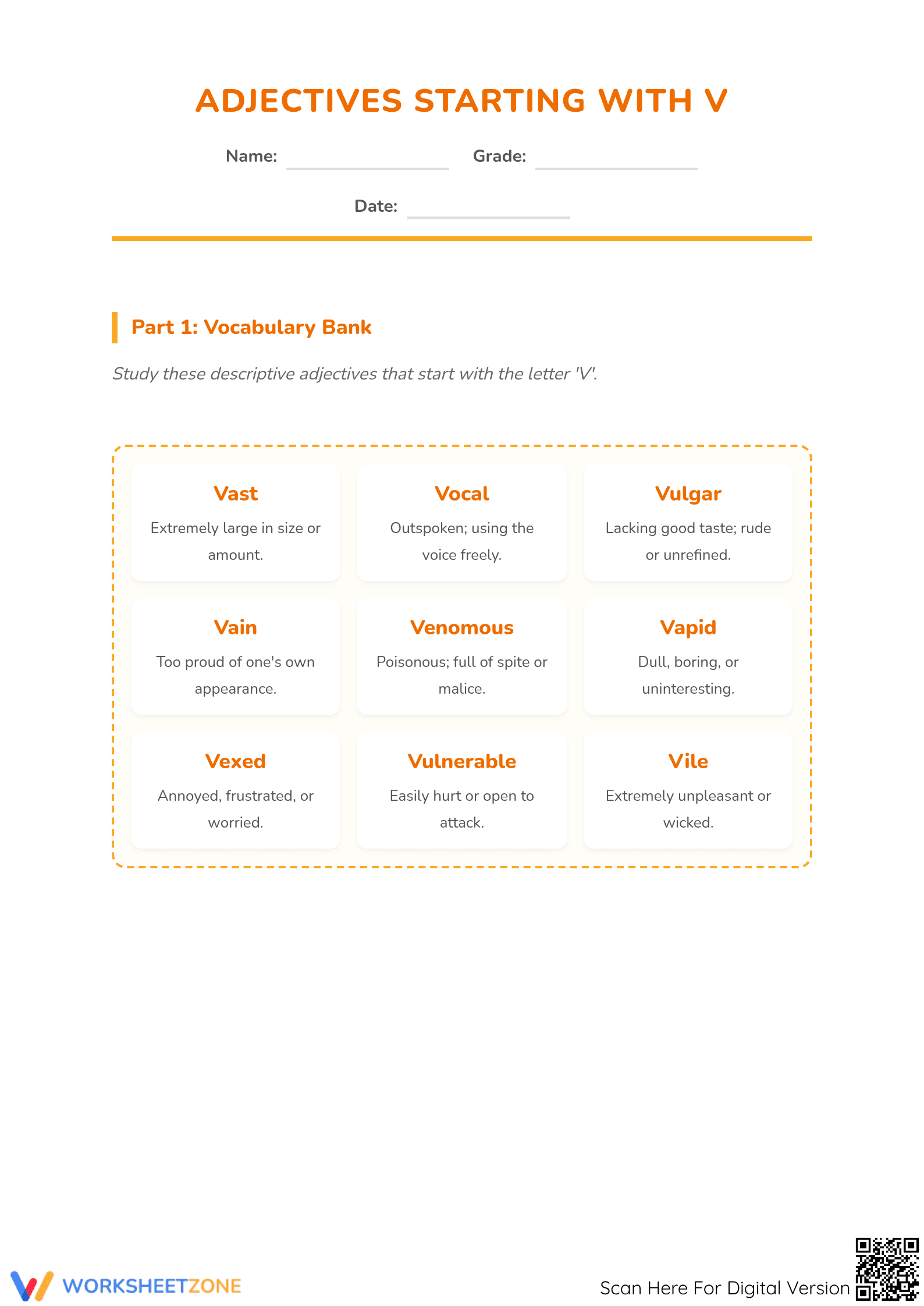 Printable V Adjectives Worksheet | Grade 4 ELA - Page 1