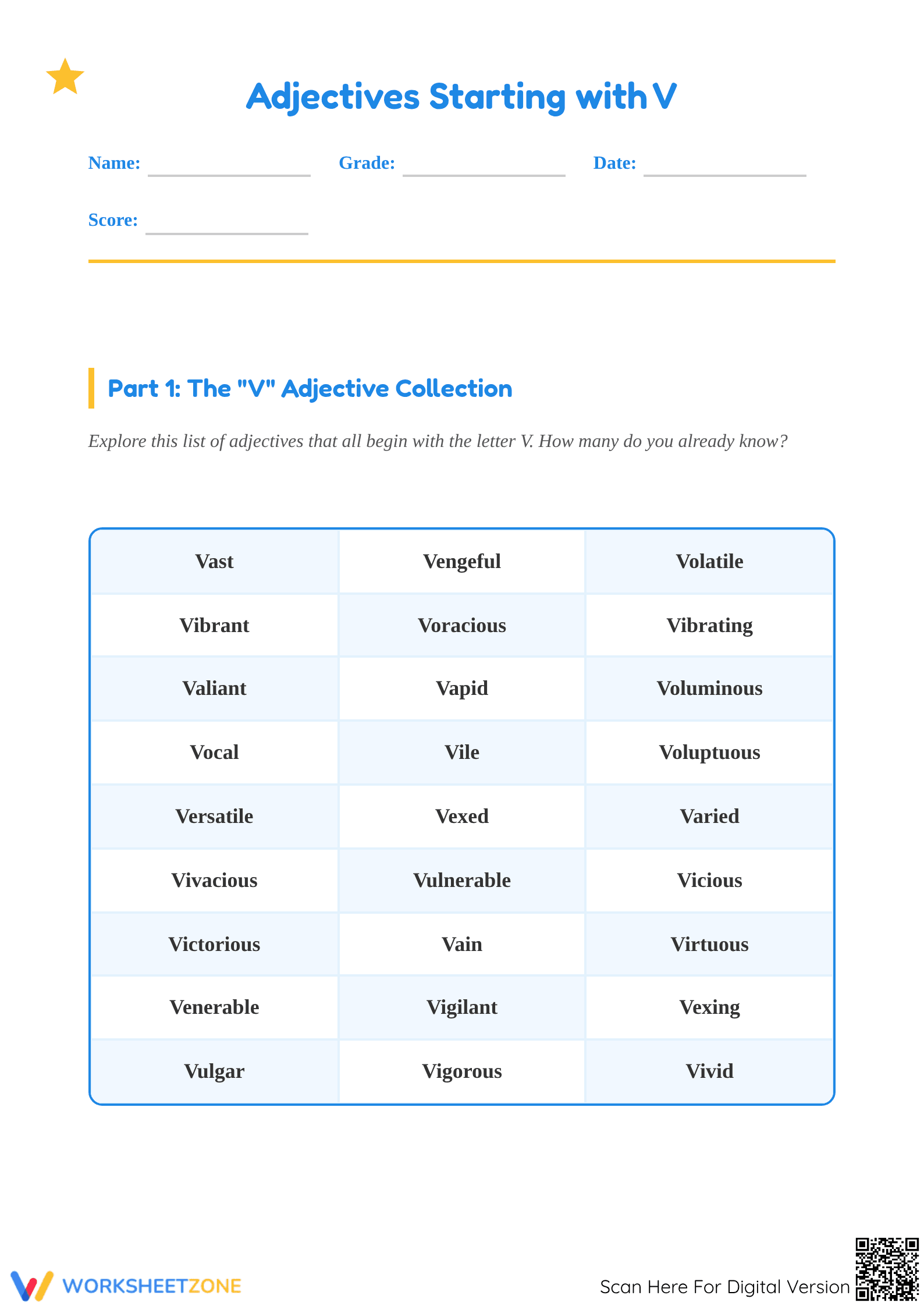 Printable V Adjectives Worksheet | Grade 3-4 ELA - Page 1