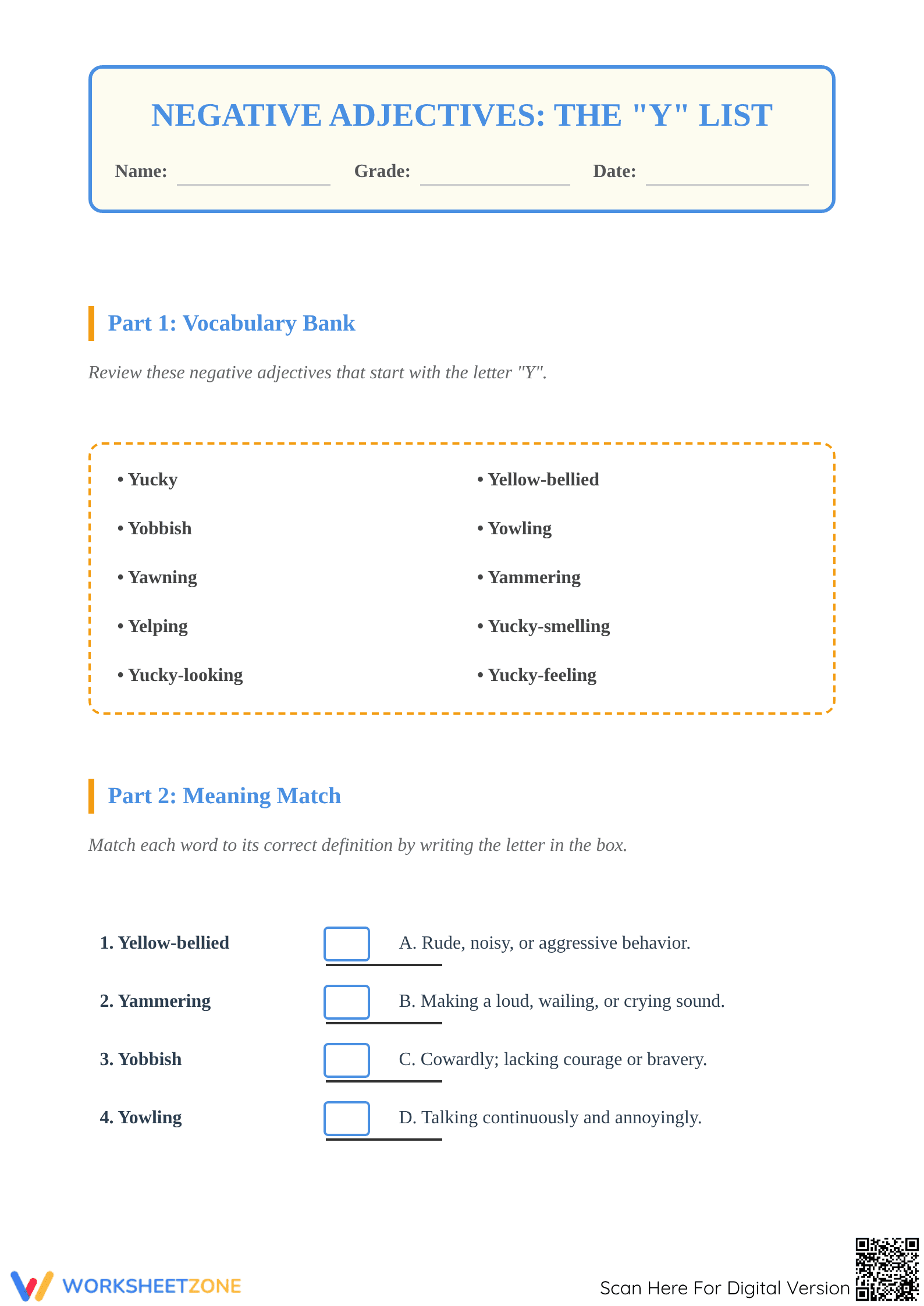 Negative Adjectives Worksheet | Grade 4 ELA Printable - Page 1