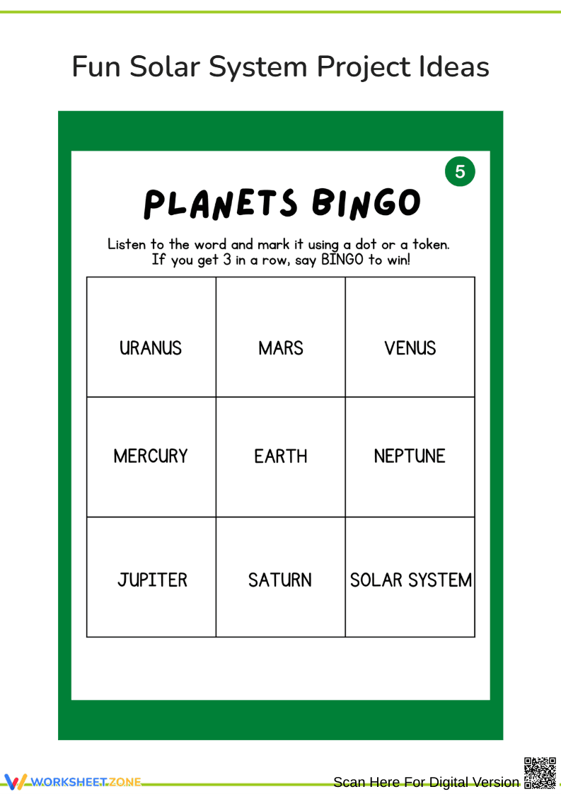 Planets Bingo Worksheet - Page 1