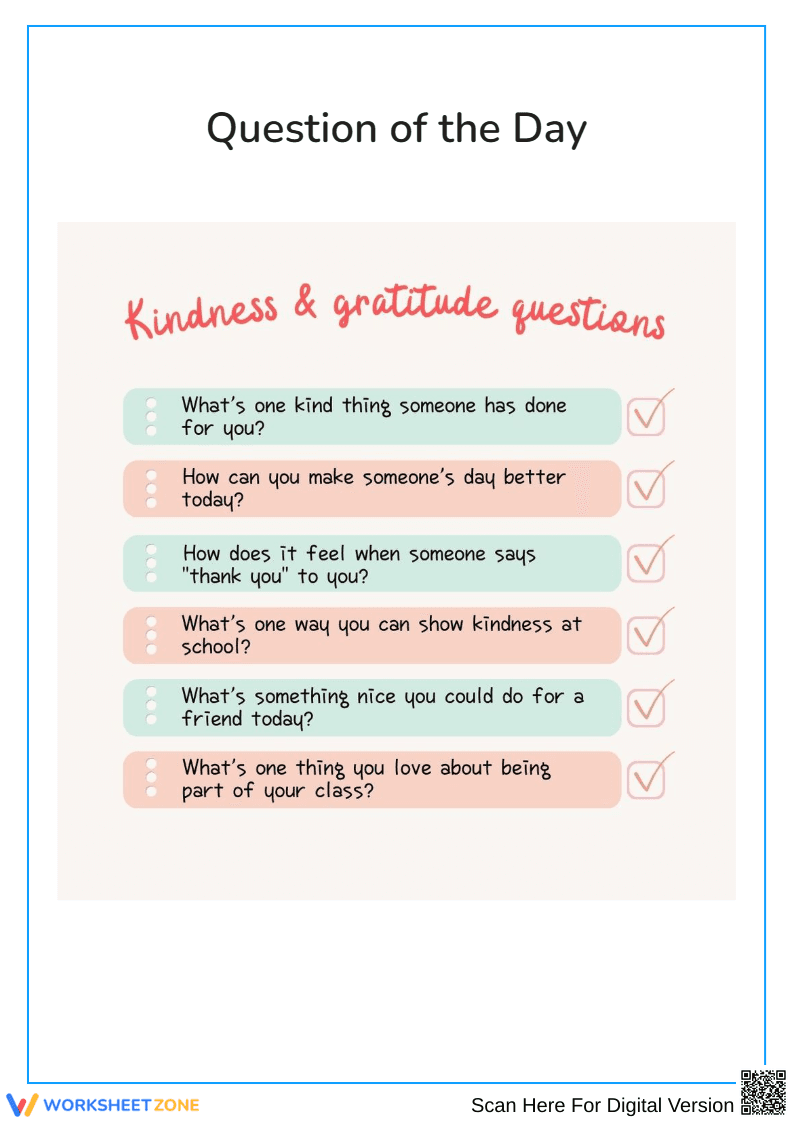 Kindness & Gratitude Questions Worksheet - Page 1