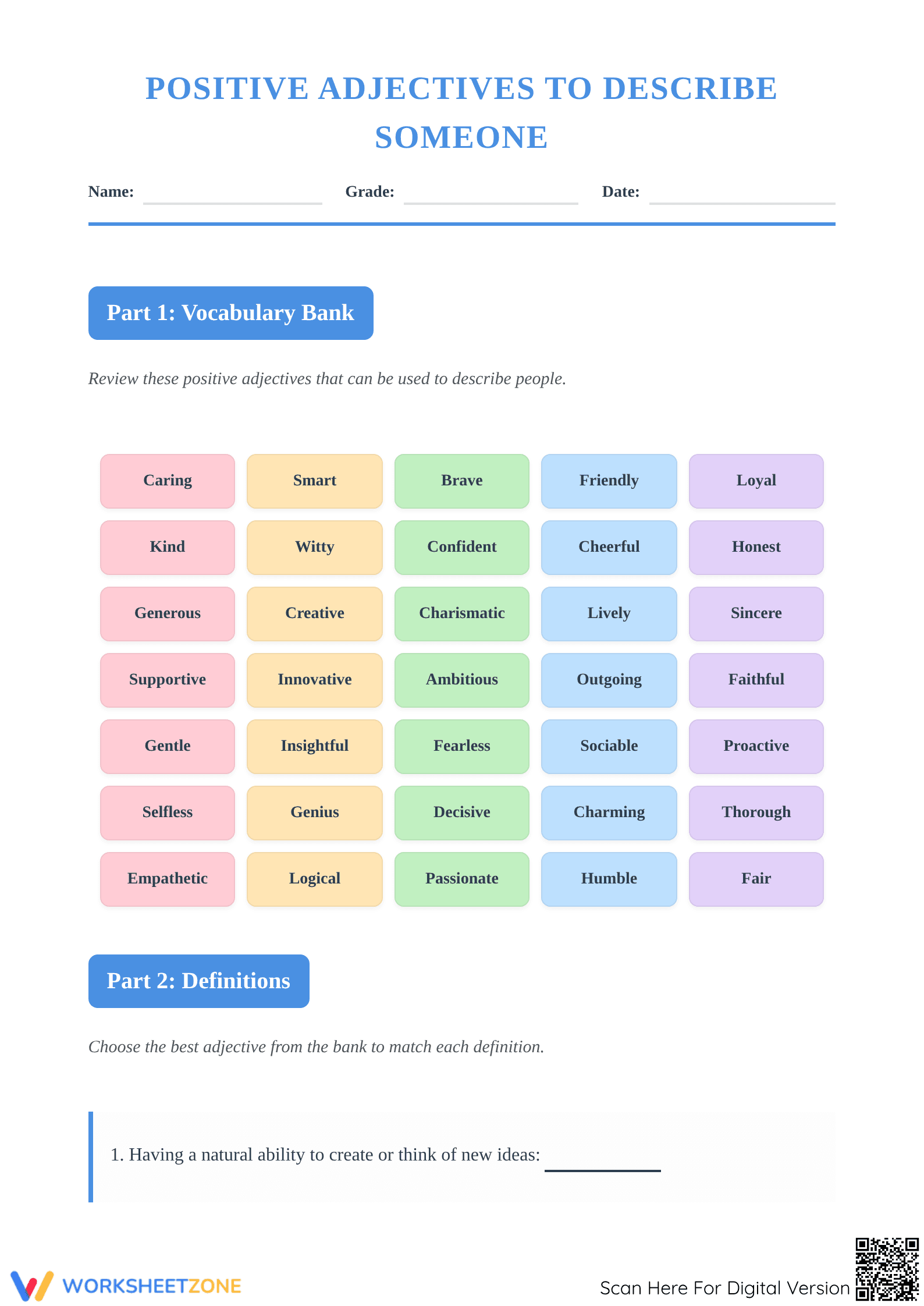 Positive Adjectives Worksheet | Grade 4-5 Essential - Page 1