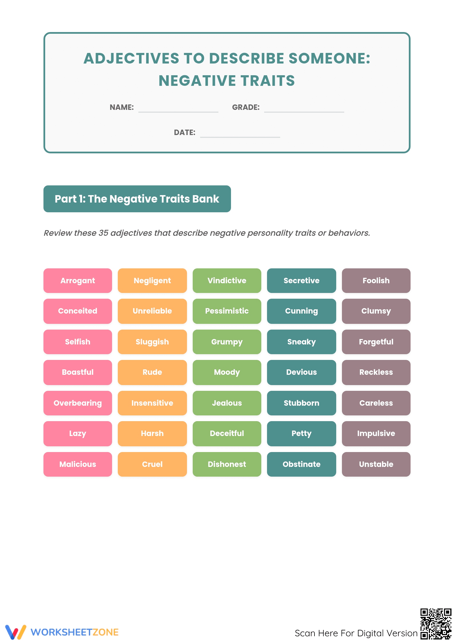 Negative Adjectives Worksheet | Grade 6 Printable - Page 1