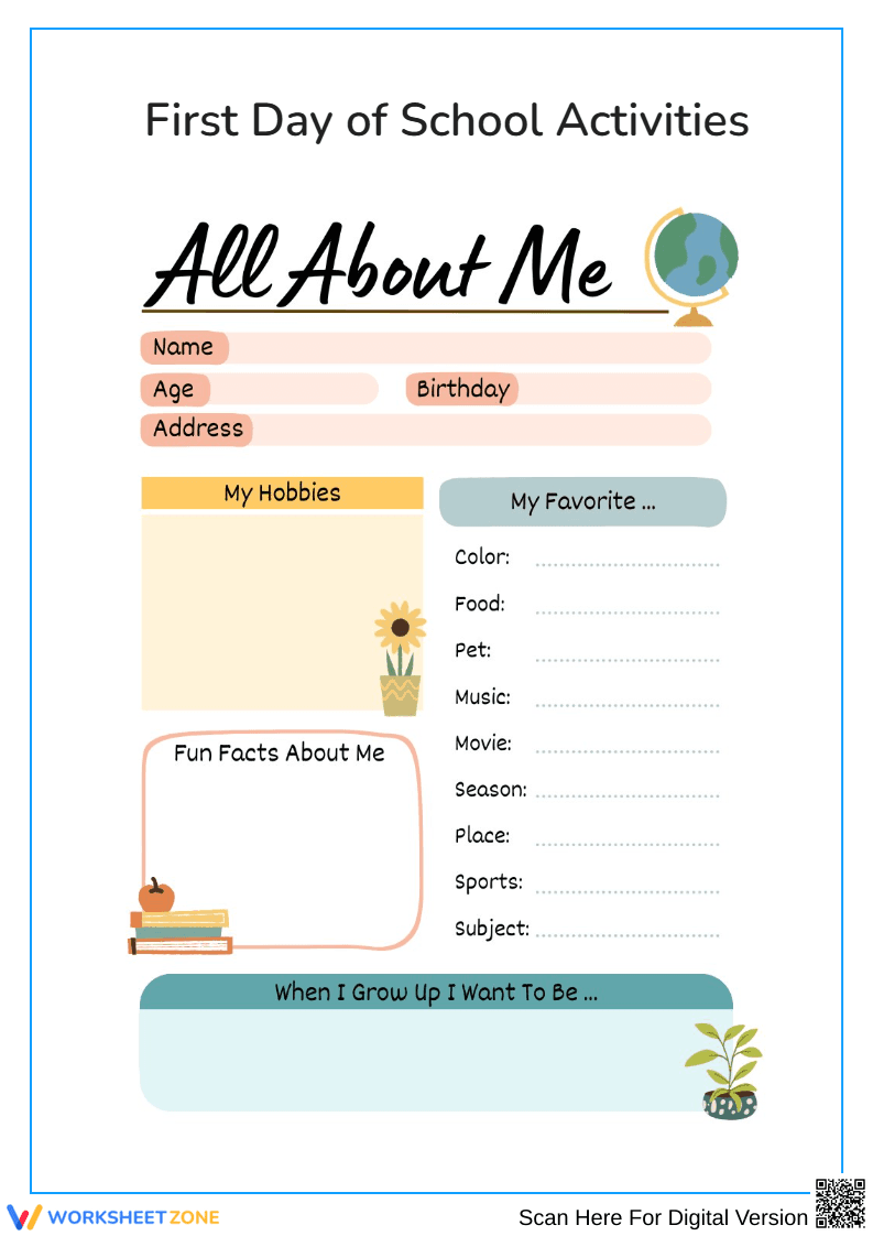 "All About Me" Printable Worksheet | Grade 1 & Kindergarten - Page 1