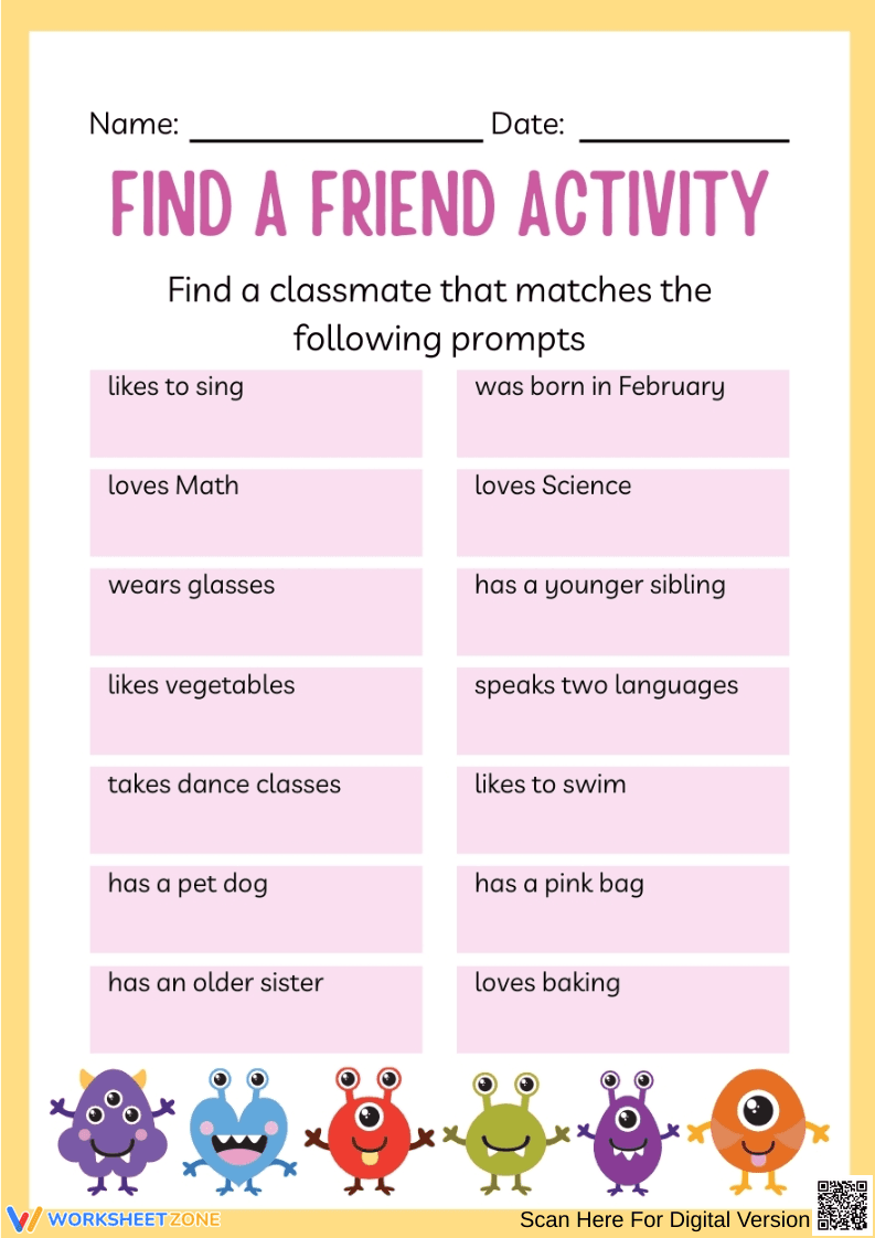 Find a Friend Activity Worksheet - Page 1