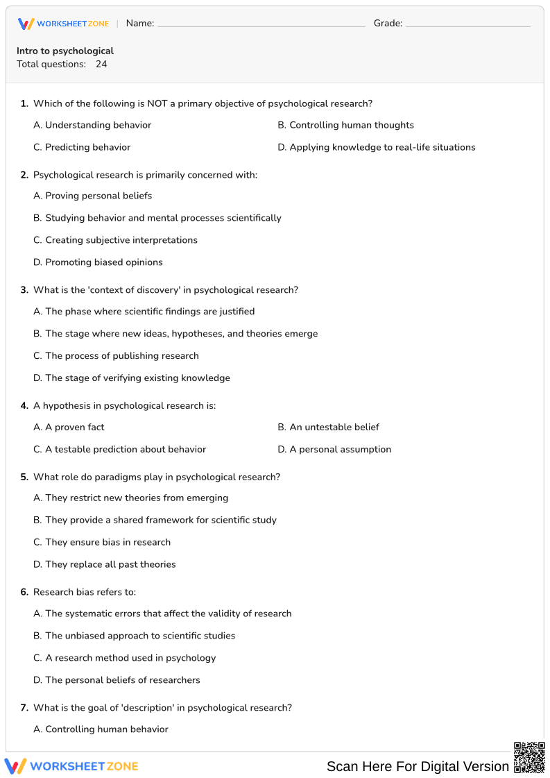 Intro to Psychological Research Worksheet | Essential Guide - Page 1