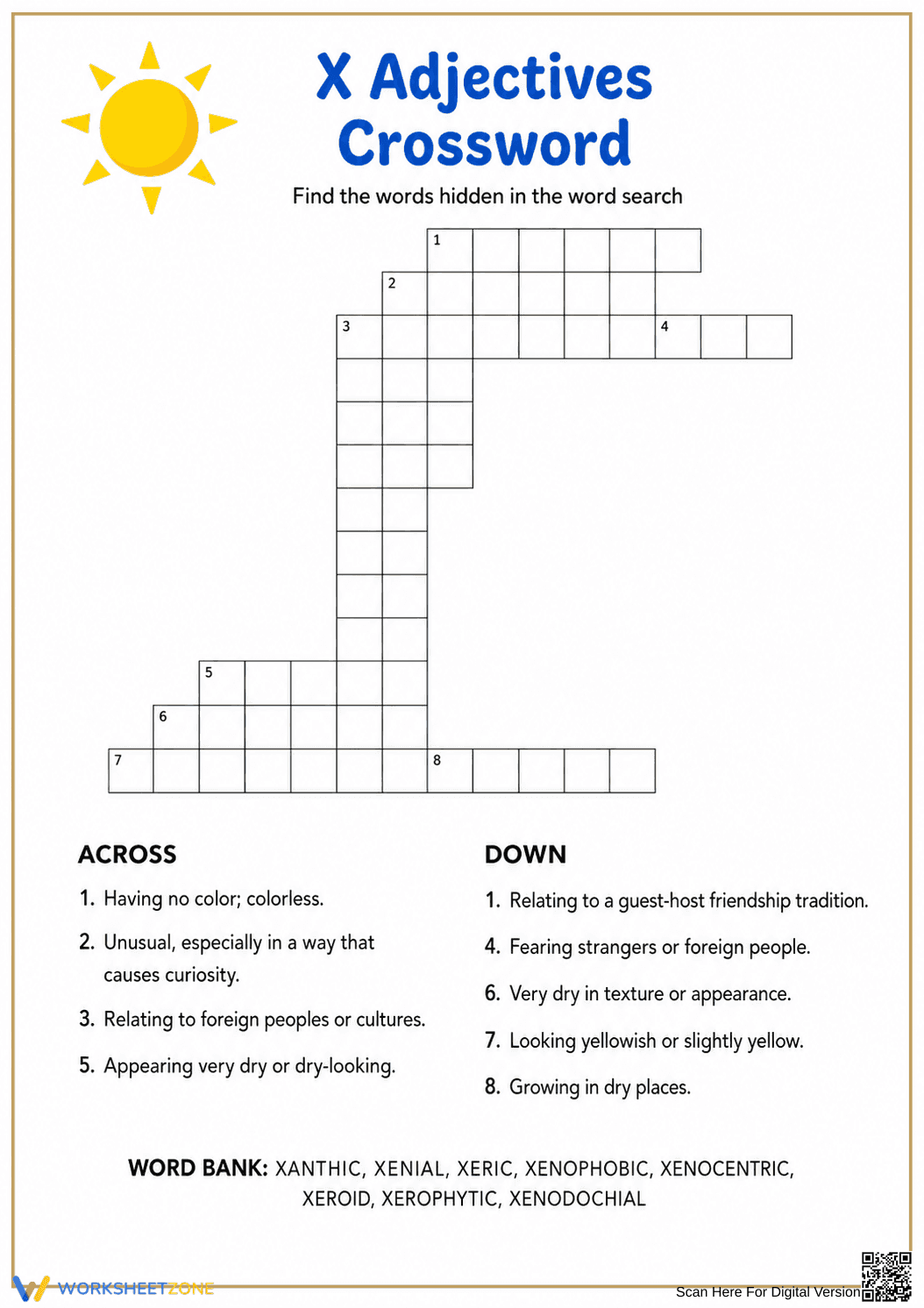 Adjectives Starting with X Worksheet | Grade 6 Essential - Page 1