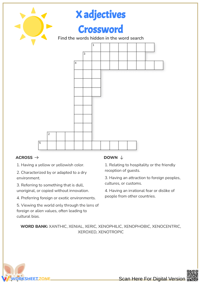 Fun Crossword: Adjectives That Start with X - Page 1
