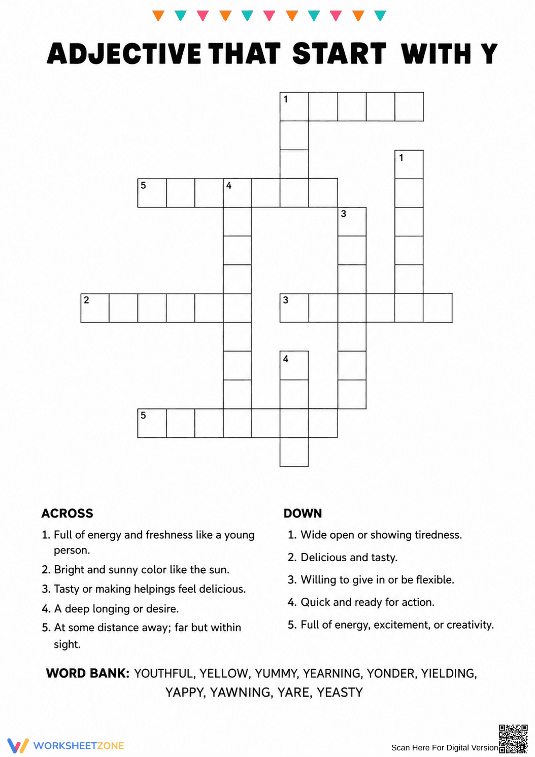 Essential Adjectives Starting with Y Crossword | Grade 4 - Page 1