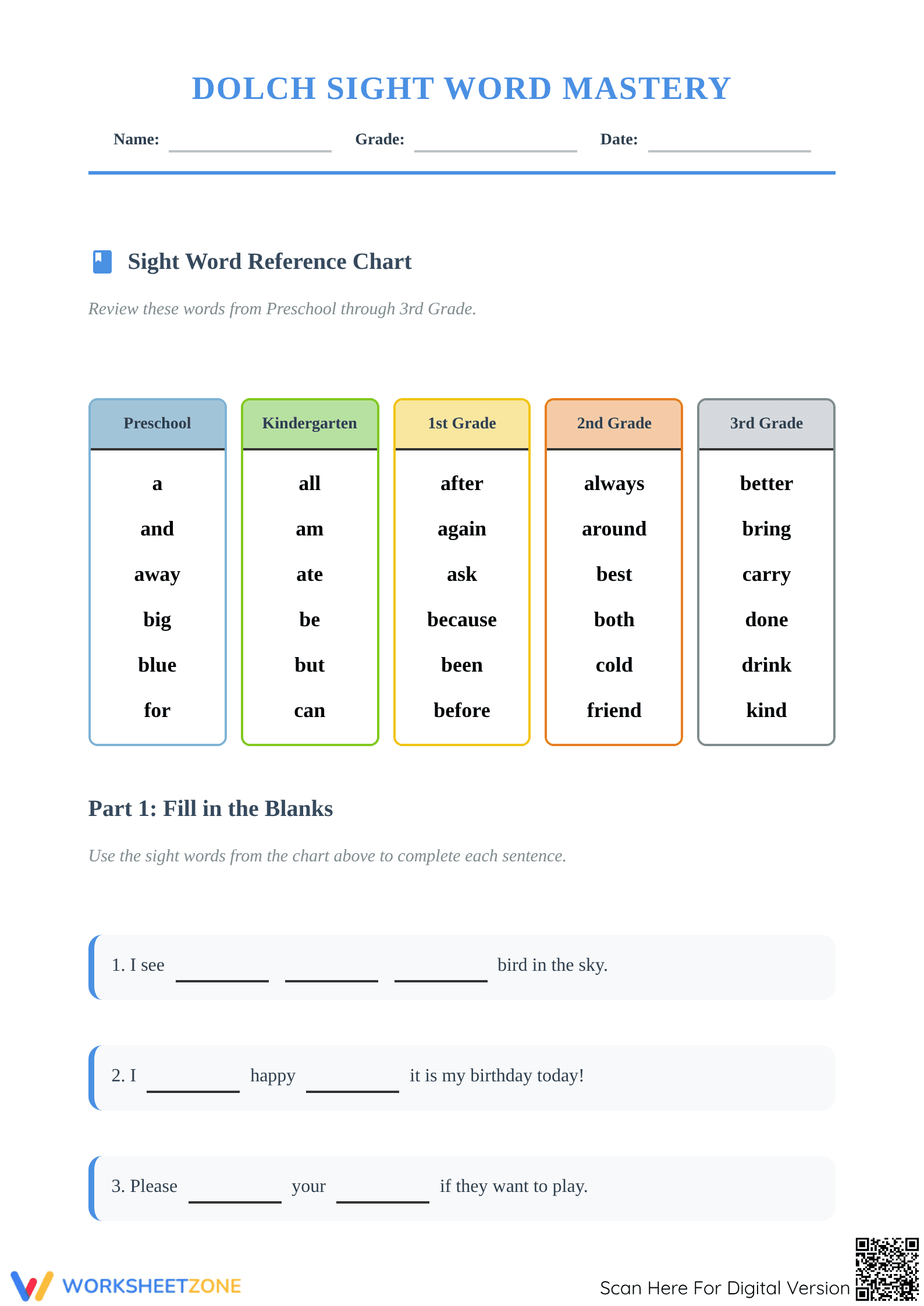Dolch Sight Word Mastery Worksheet | Grade 3 Essential - Page 1