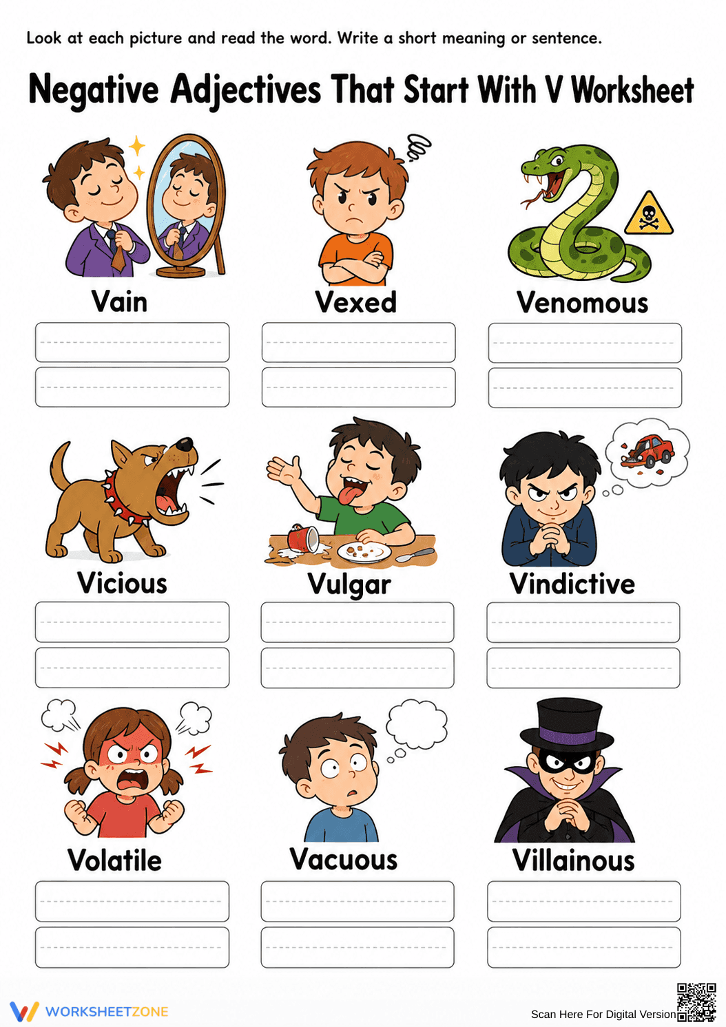 Printable V Adjectives Worksheet | Grade 4 Vocabulary - Page 1
