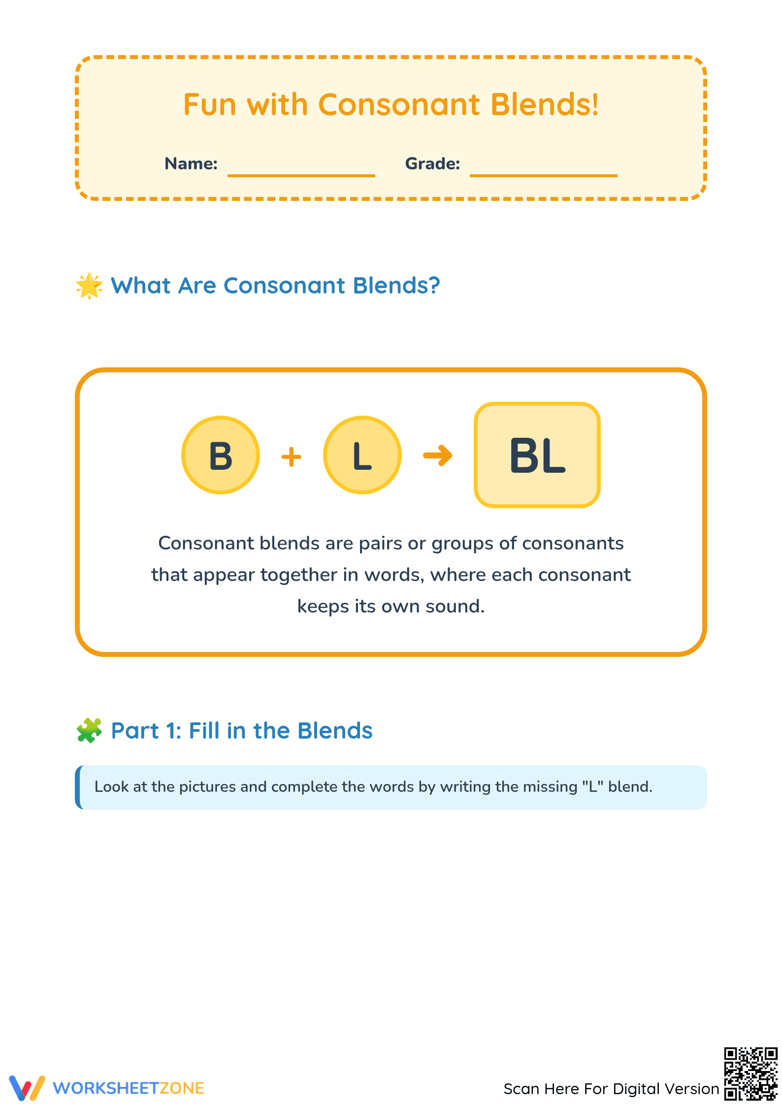 Consonant Blends Worksheet | Grade 1 Essential Phonics - Page 1