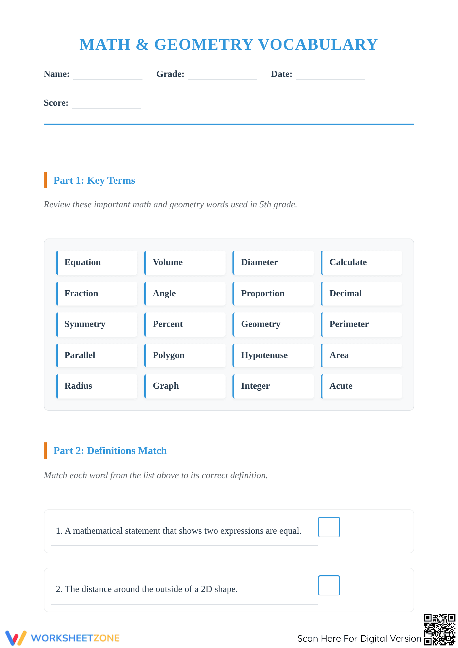 Math & Geometry Vocabulary Worksheet | Grade 5 Printable - Page 1