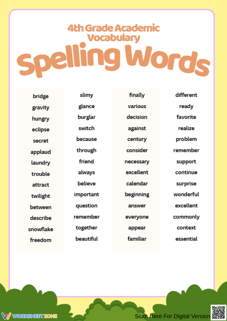 4th Grade Academic Vocabulary Spelling Words - Page 1