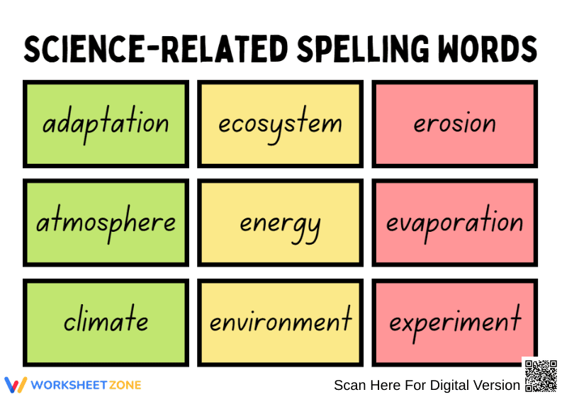 4th Grade Science-Related Spelling Words - Page 1