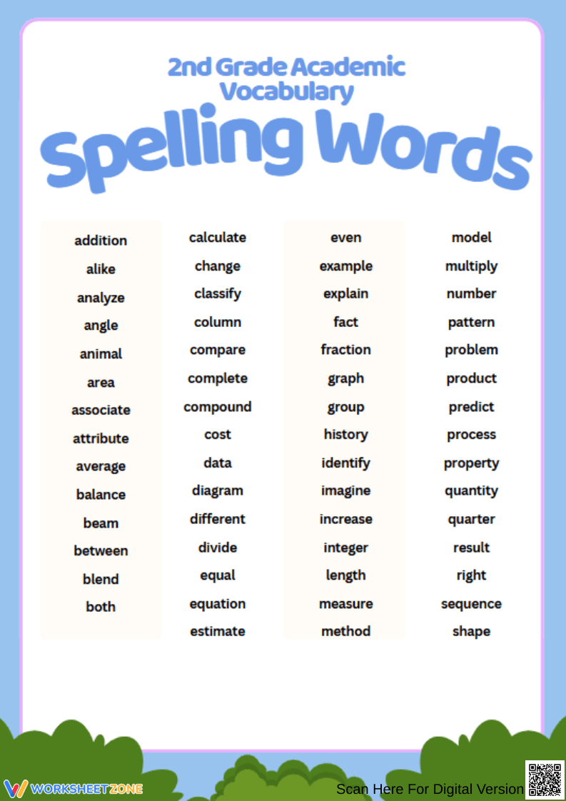 2nd Grade Academic Vocabulary Spelling Words - Page 1