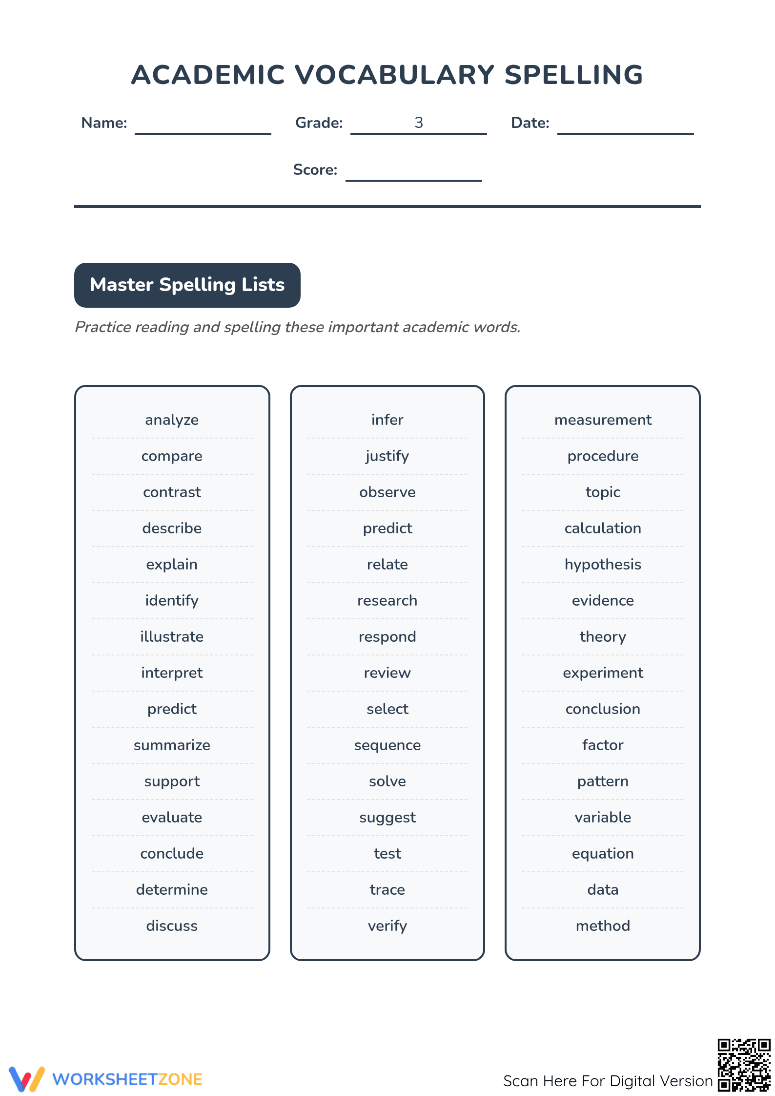 3rd Grade Academic Vocabulary Spelling Lists - Page 1