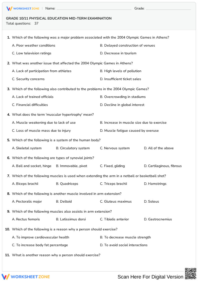 Printable Physical Education Mid-Term Exam | Grade 10-11 - Page 1