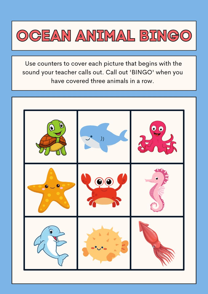 Ocean Animal Bingo worksheet - Page 1