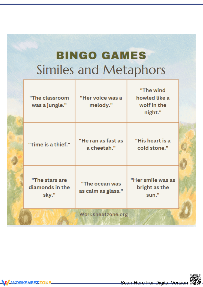 Similes and Metaphors Bingo Game - Page 1