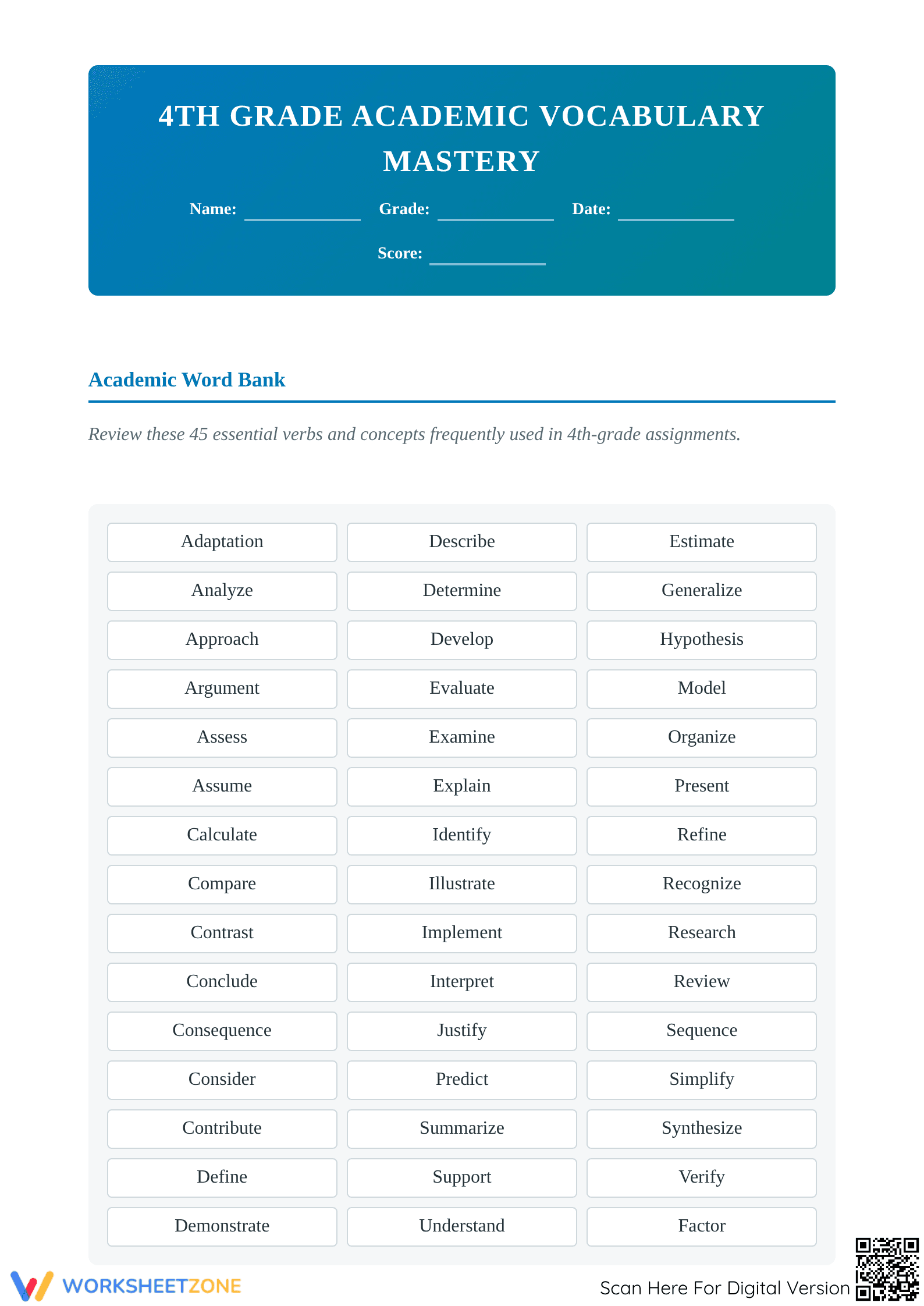 Printable Academic Vocabulary Worksheet | Grade 4 ELA - Page 1