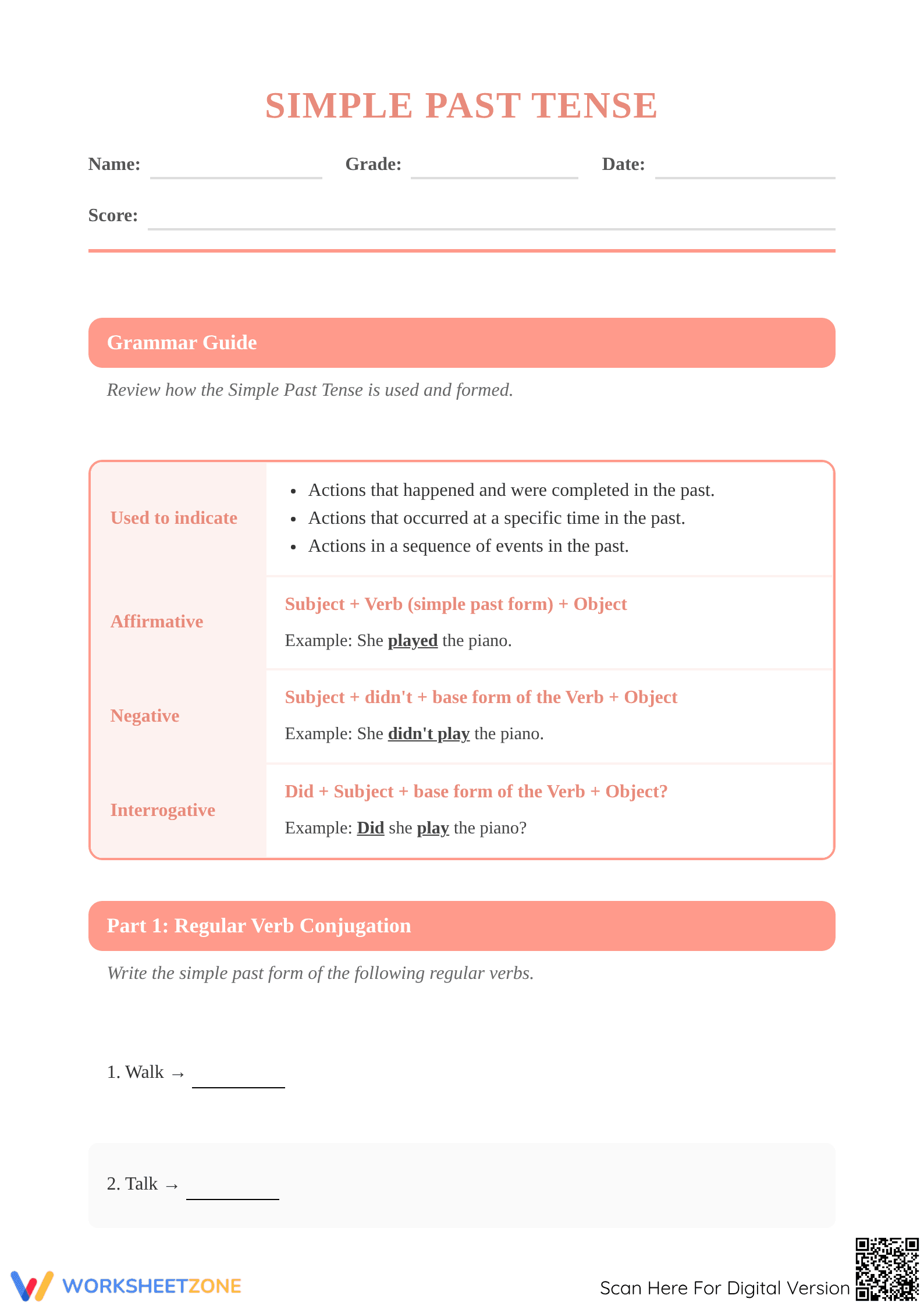 Simple Past Tense Chart with Sentence Structures - Page 1