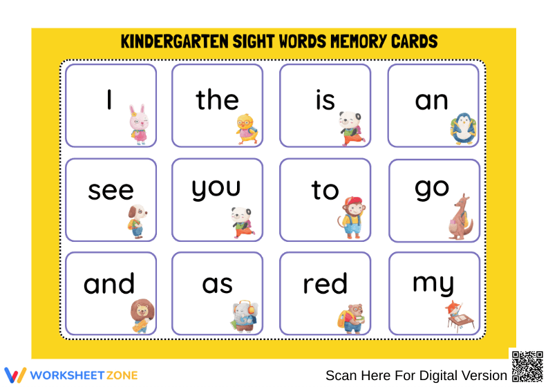 Kindergarten Sight Word Memory Cards – Early Reading Game - Page 1
