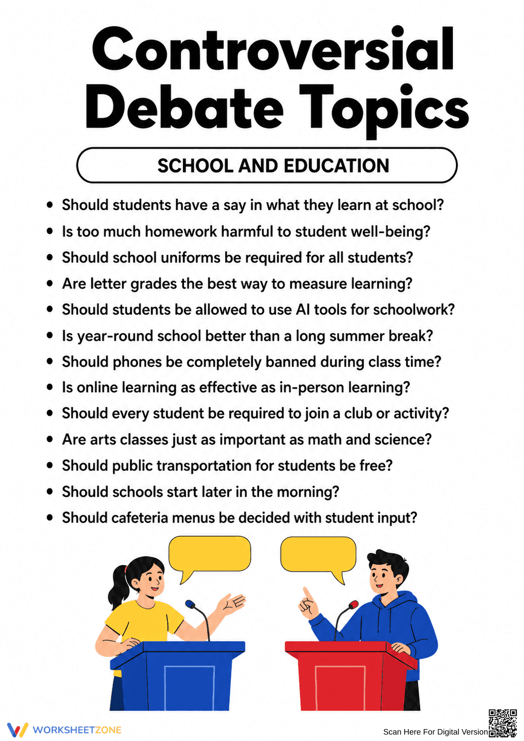 Grade 6 Debate Topics — Printable No-Prep Worksheet - Page 1